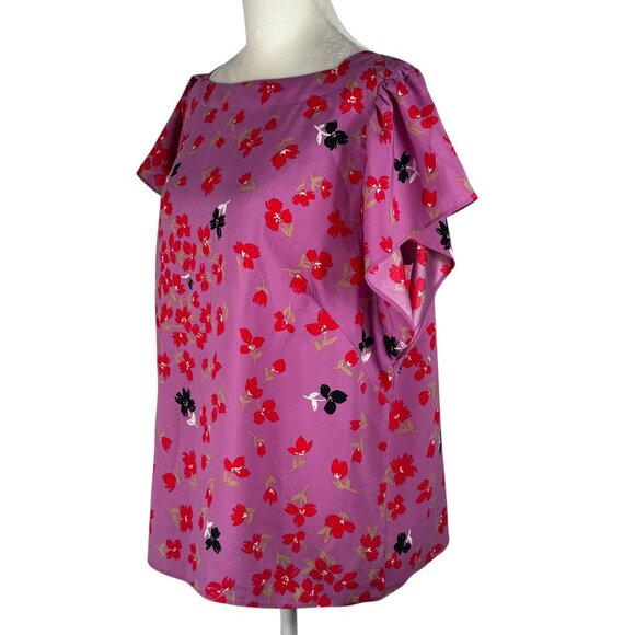 Ann Taylor Square Neck FLutter Sleeve Lavendar & Red Floral Blouse Size M - Picture 3 of 8